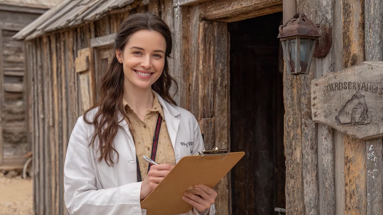 A Smiling Young Woman in a Lab Coat Holds a Clipboard at a Rustic Building, Eager to Document Her Findings in a Unique Historical Setting