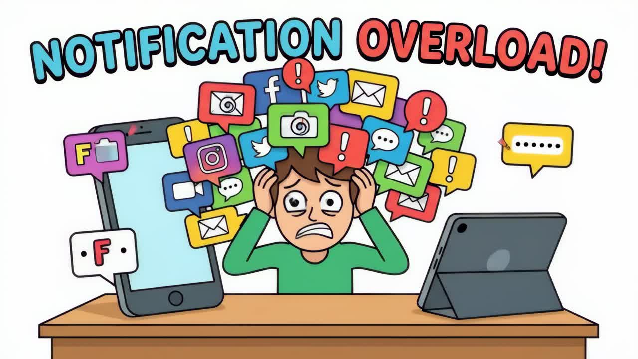Cartoon Person Overwhelmed by Digital Notification Overload