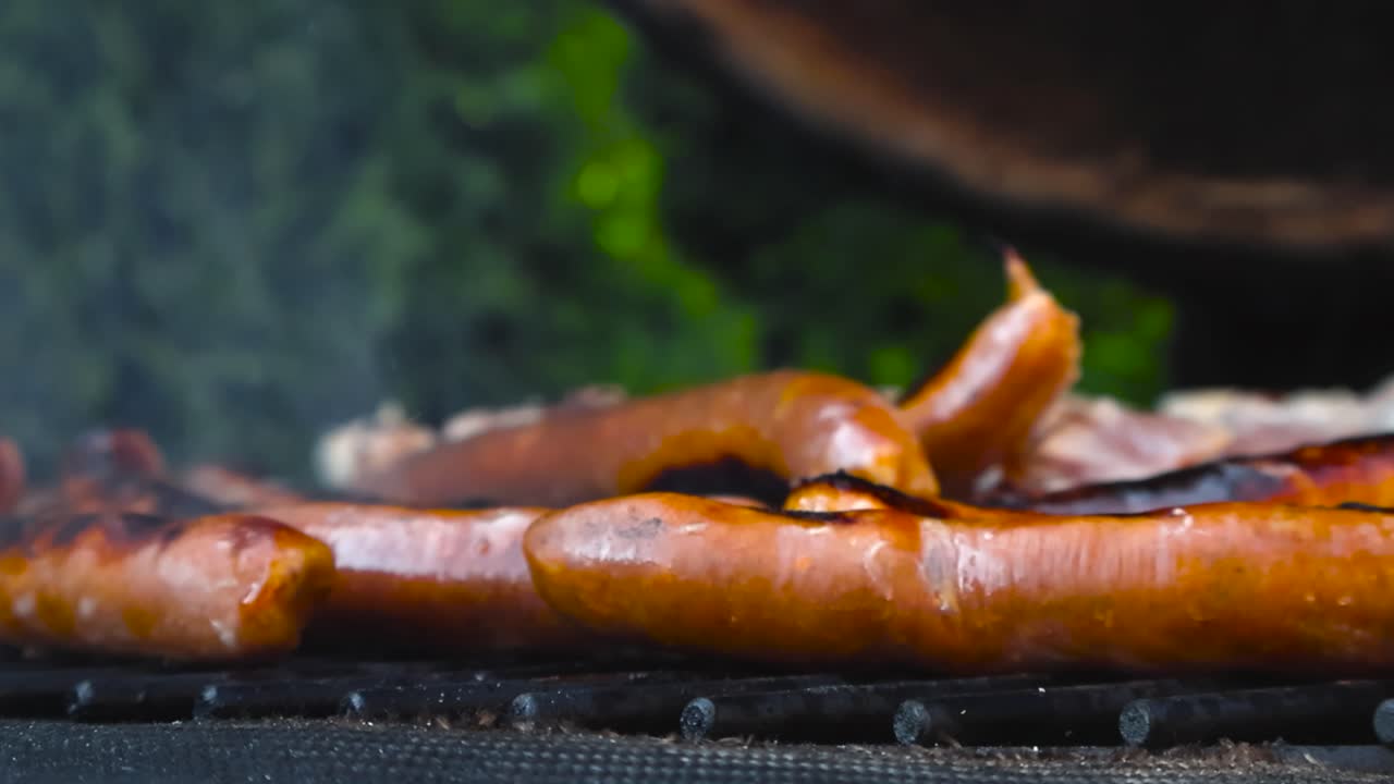 Gorgeous closeup or close up footage of golden brown and charred sausages and meat being grilled and barbecued or BBQ on a smoking hot grill, Flipped over and smoke rises. Background bokeh blurry.
