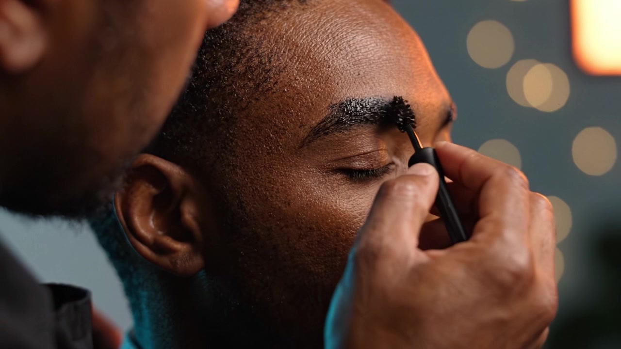 A Close-Up of the Application Process of Eyebrow Makeup on a Man, Showcasing Skillful Techniques and a Focused Expression in a Softly Lit Environment