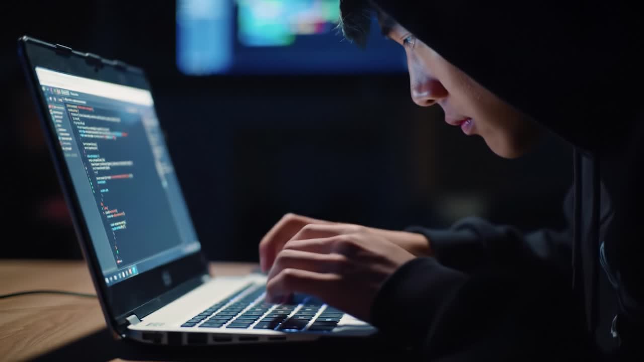 A Focused Young Programmer Analyzing Code on a Laptop in Low Light Conditions, Demonstrating Concentration and Technical Skills in a Modern Workspace