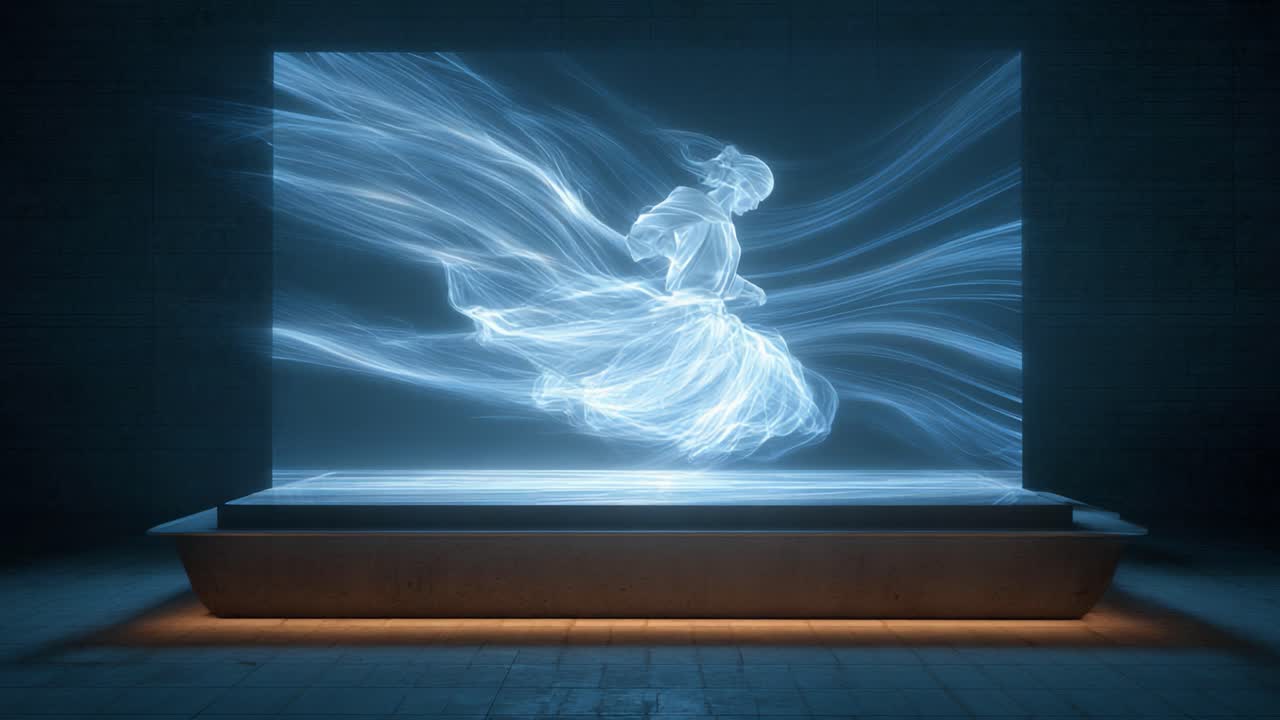 Glowing spiritual apparition running on a futuristic holographic display before slowly vanishing. Representing concepts like soul. Memory. Artificial intelligence. And the afterlife in a digital age