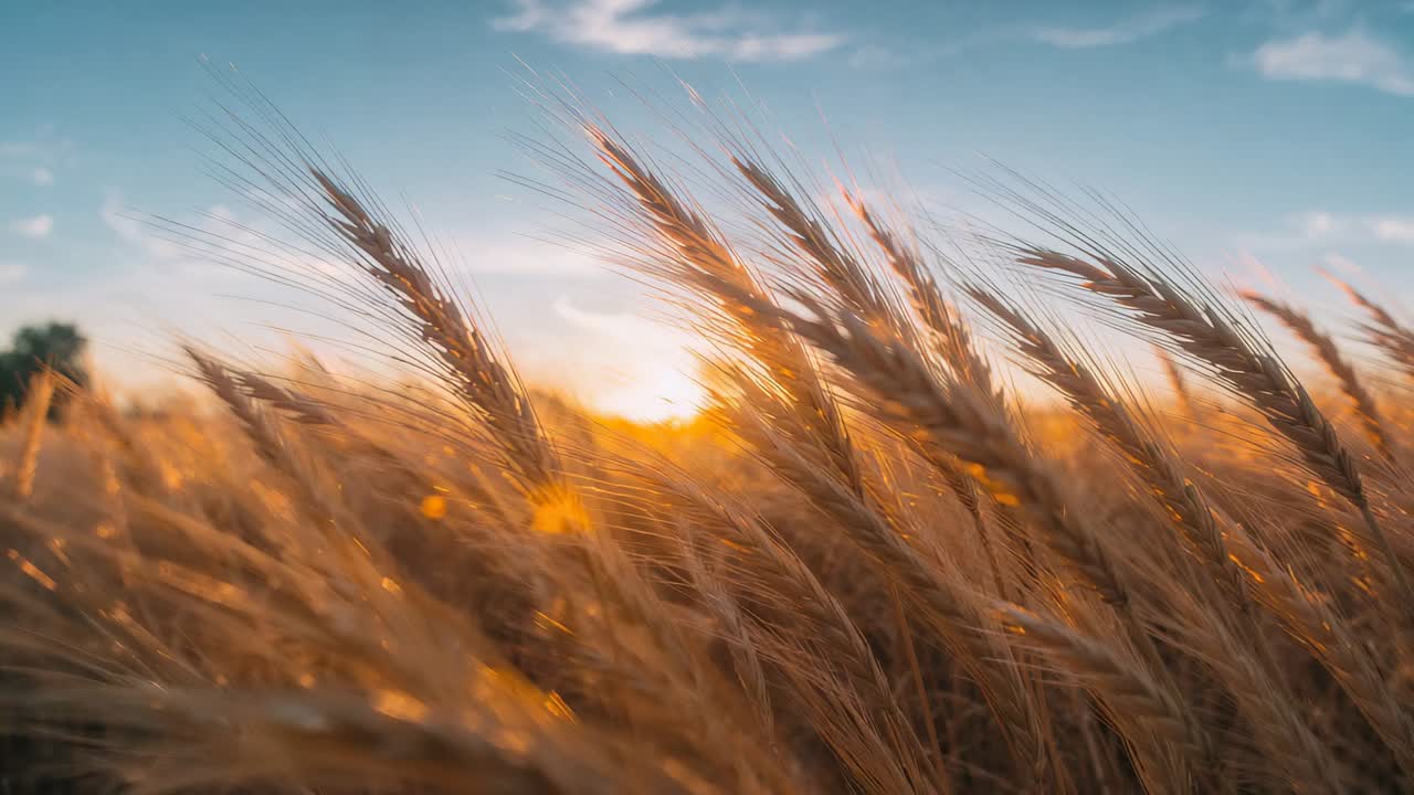 Swaying cluster of ripe wheat stalks bending in steady breeze at ground level, low sun flaring