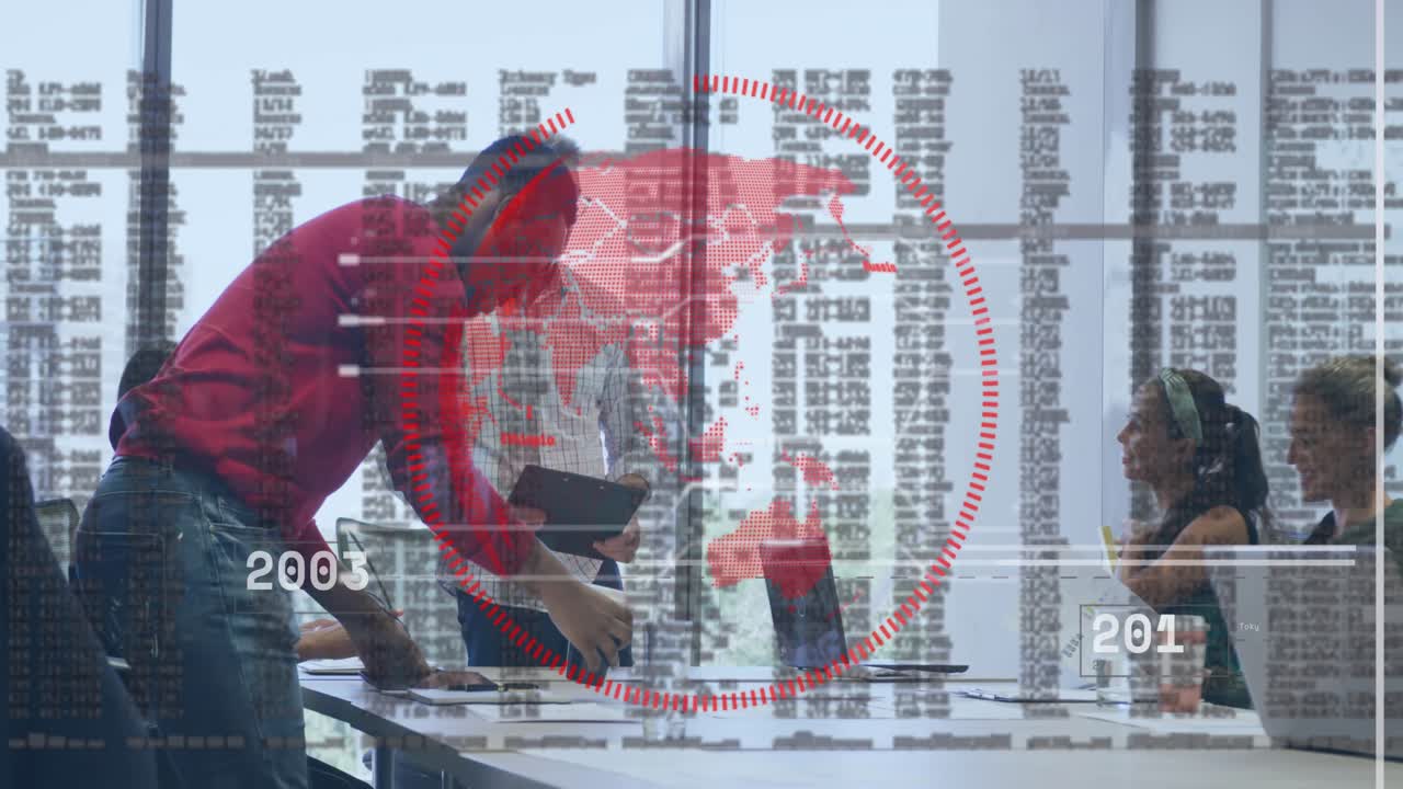 Project team reviewing data leaning over table after peer placing laptop red globe cycling years