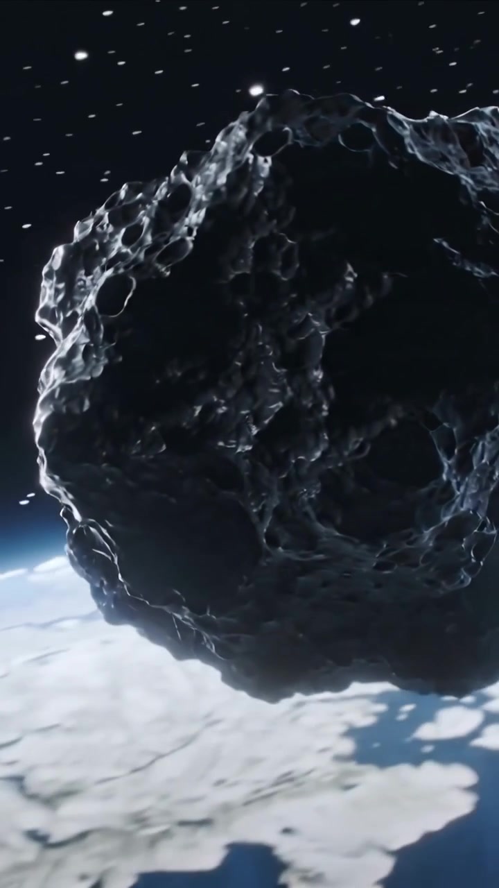 Video verticale: Telecamera che zooma, asteroide che ruota sopra la Terra, luce solare che mostra i crateri, educativo