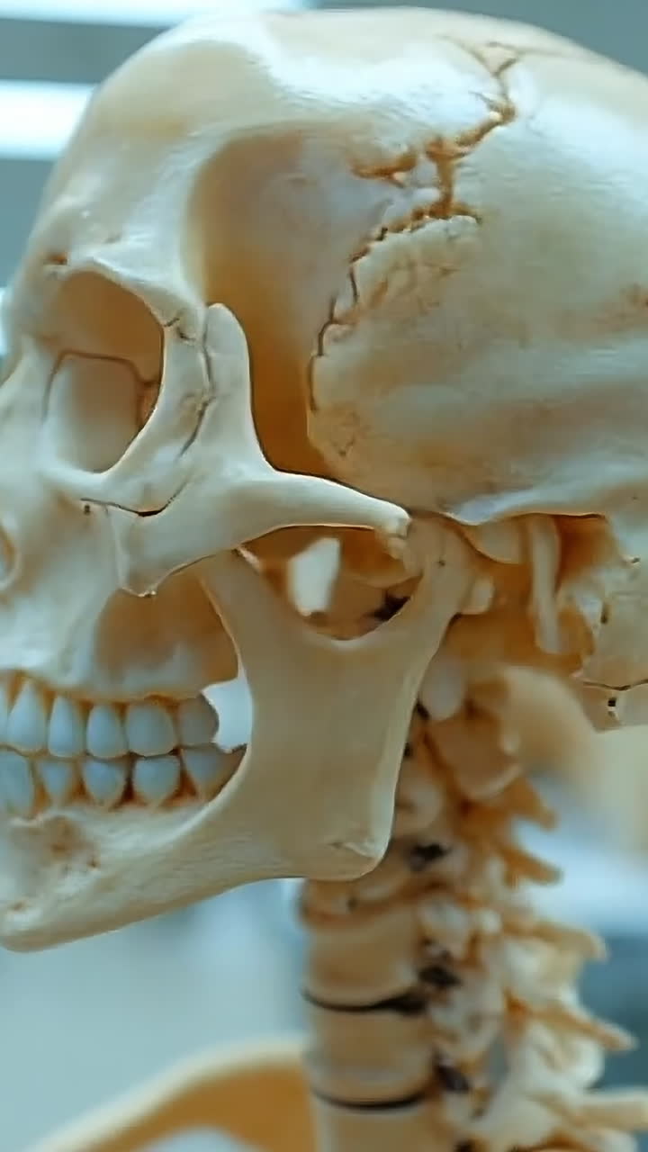 Human skeleton model in class. A detailed human skeleton model is displayed in a classroom setting, showcasing anatomy for educational purposes.