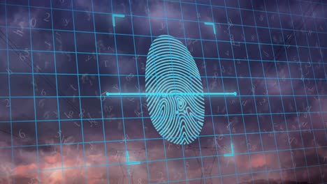 animation of biometric fingerprint scanner over grid network against thunderstorm and dark clouds