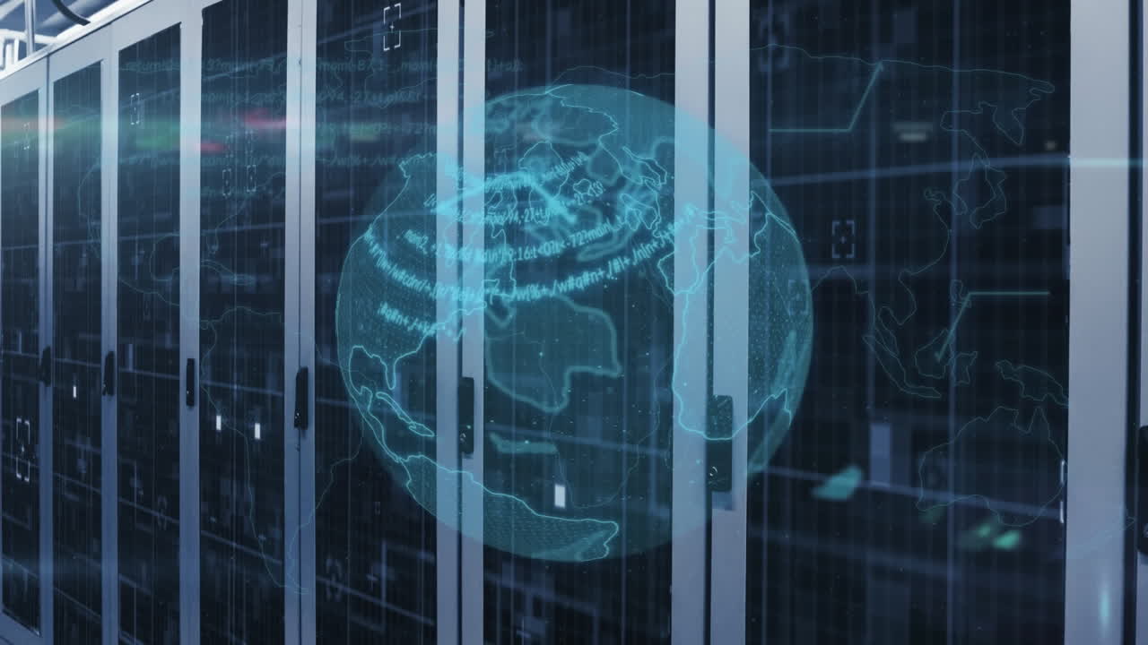 Animation of globe and data processing over server room