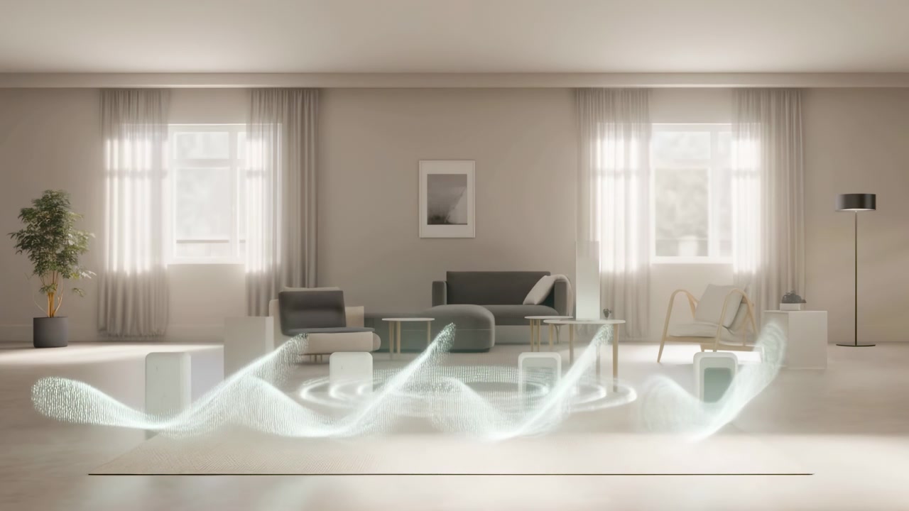 Eye-level view of minimalist modern living room where glowing translucent light forms move across floor, with sofa, armchair, curtains, glass accents, neutral tones, polished wood, soft daylight