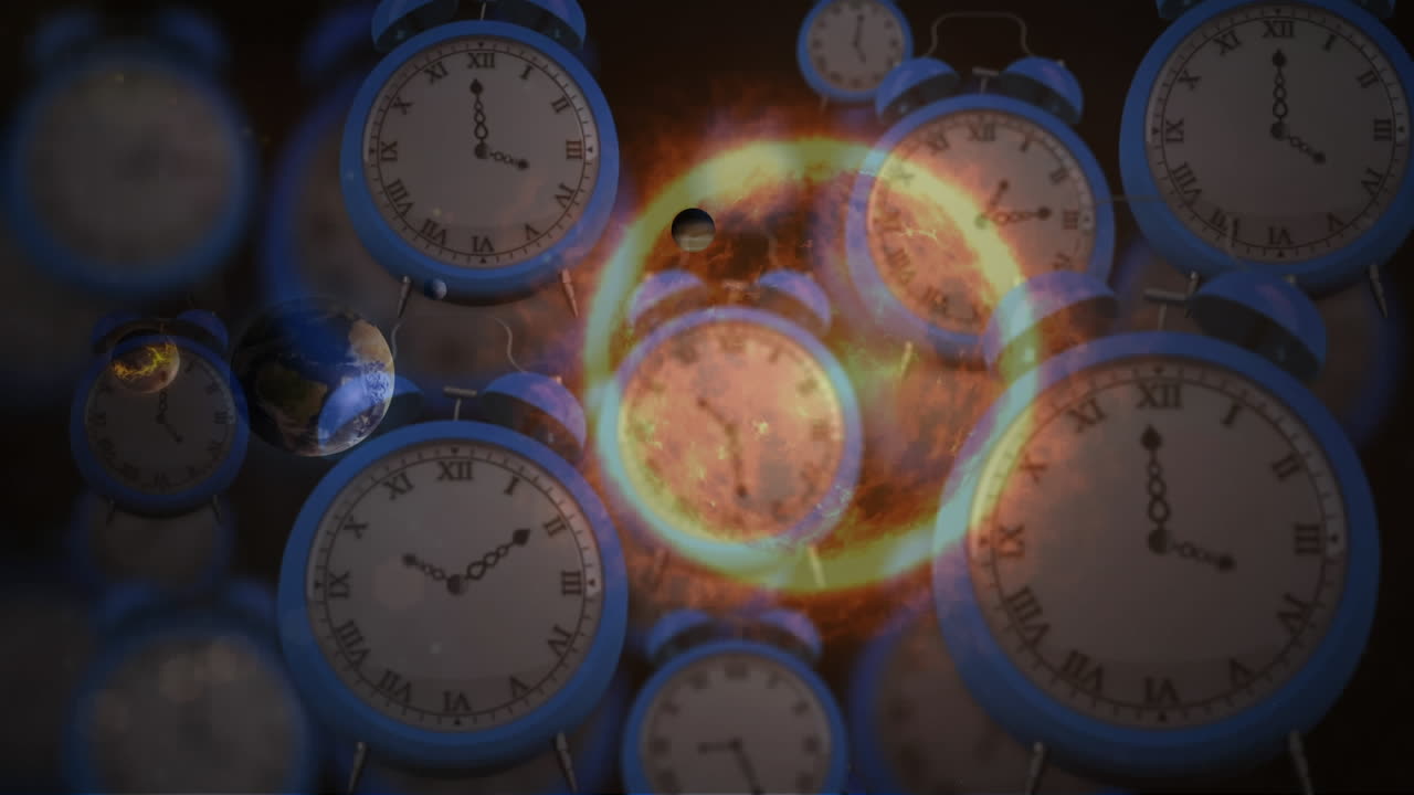 анимация солнечной системы, планет и космоса над тикающими часами