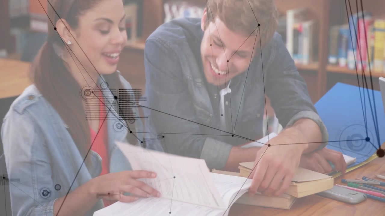 Scanning passage in library, study partners tracing formula and highlighting diagram for education