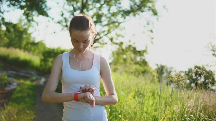 женщина проверяет умные часы на открытом воздухе