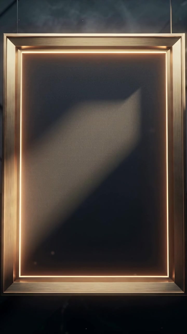 Verticale video: Wervelende lichtgevende pluim die een gouden lijst binnengaat aan een donkere muur, de binnenrand verlichtend