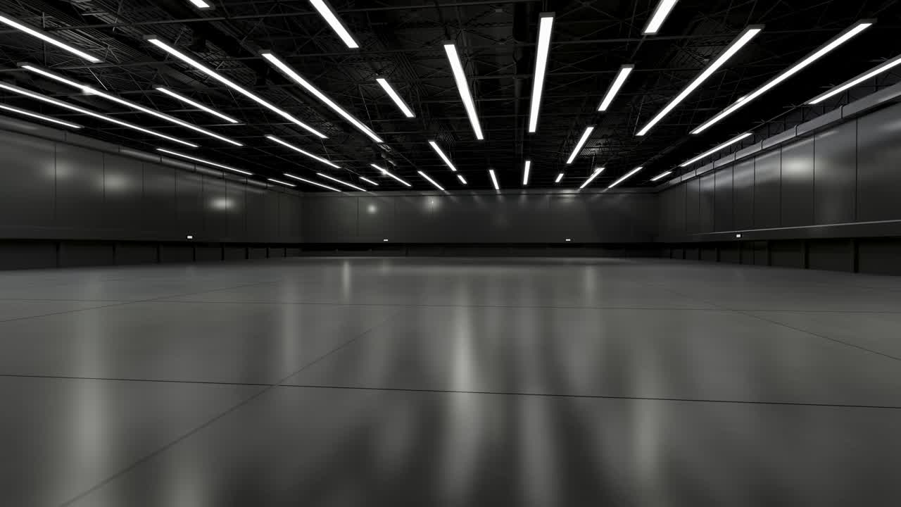 movimiento exhibición de sala vacía. telón de fondo para puestos de exposición, cabina, producto. sala de convenciones para conferencia, en línea.3d fondo para entretenimiento, concierto, evento, deportes, en vivo. bucle de animación 4k.3d render.