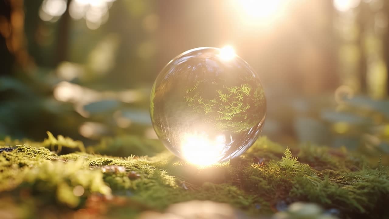 Esfera de vidro repousa em chão de floresta musgoso. Luz do sol cintila através das folhas atrás dela. Mundo verde é capturado dentro da esfera. Cenário pacífico e natural convida à reflexão calma. Ideal para temas ecológicos.