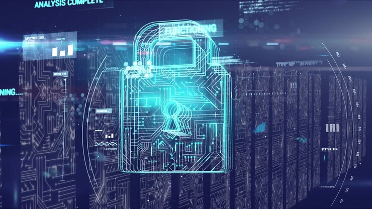 Animation of online security padlock and data processing over computer circuit board