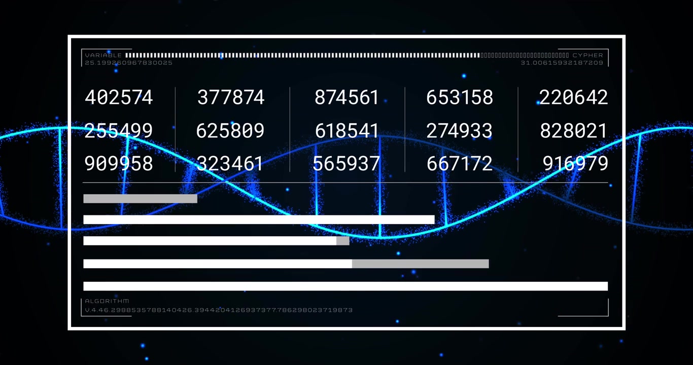 Animation of screen with loading bars and changing numbers over illuminated dots and dna helix