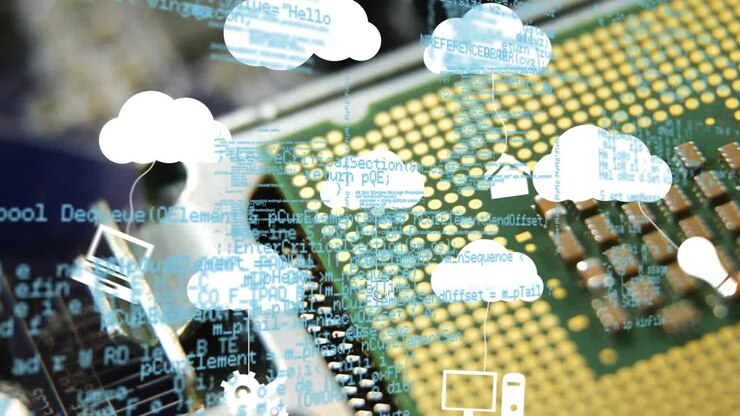 Animation of data processing and clouds over computer processor