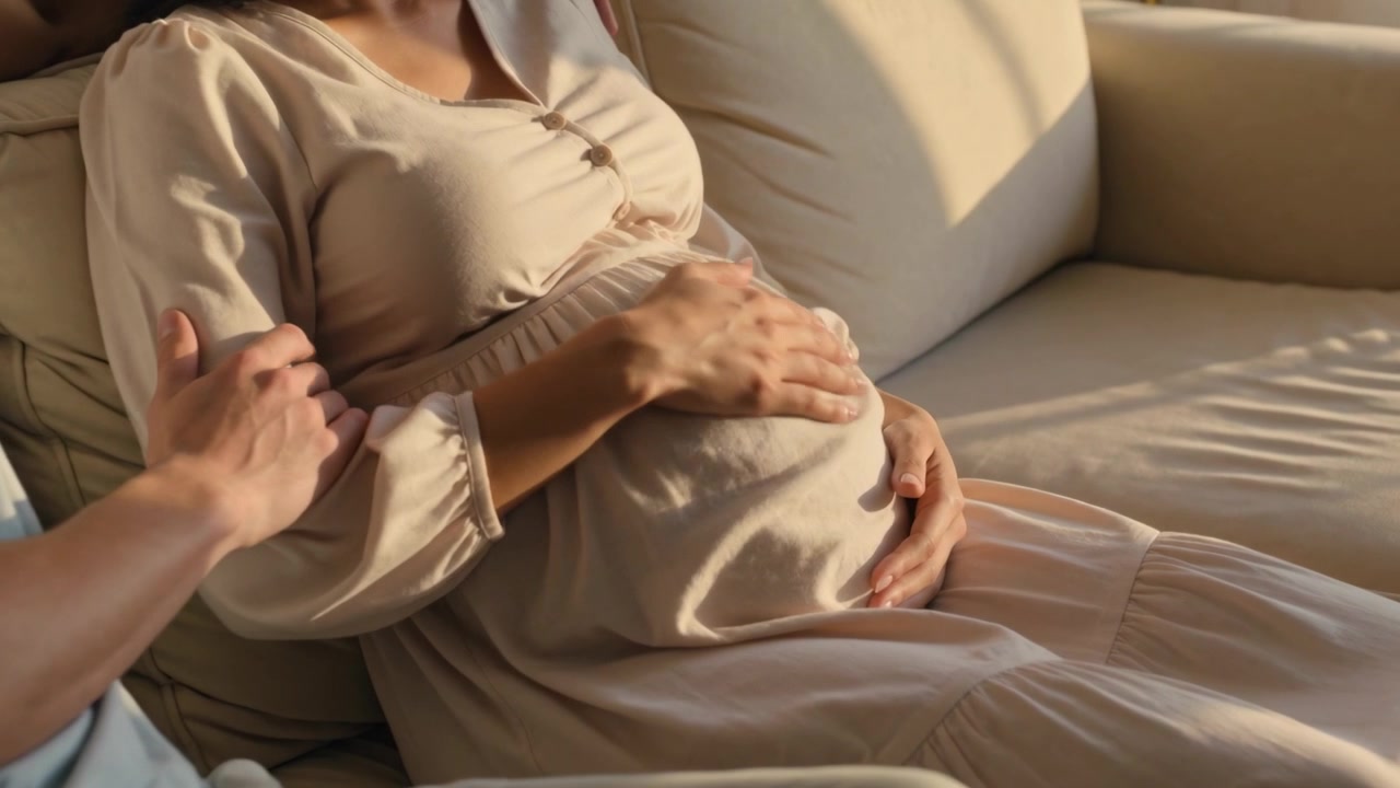Una donna incinta in abito, che si tiene la pancia sul divano di casa, risponde al partner che appoggia un braccio lì vicino.