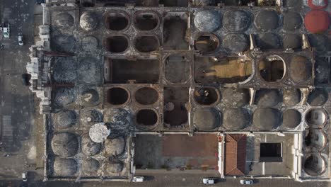 aerial looks directly down on open roof of antigua cathedral guatemala