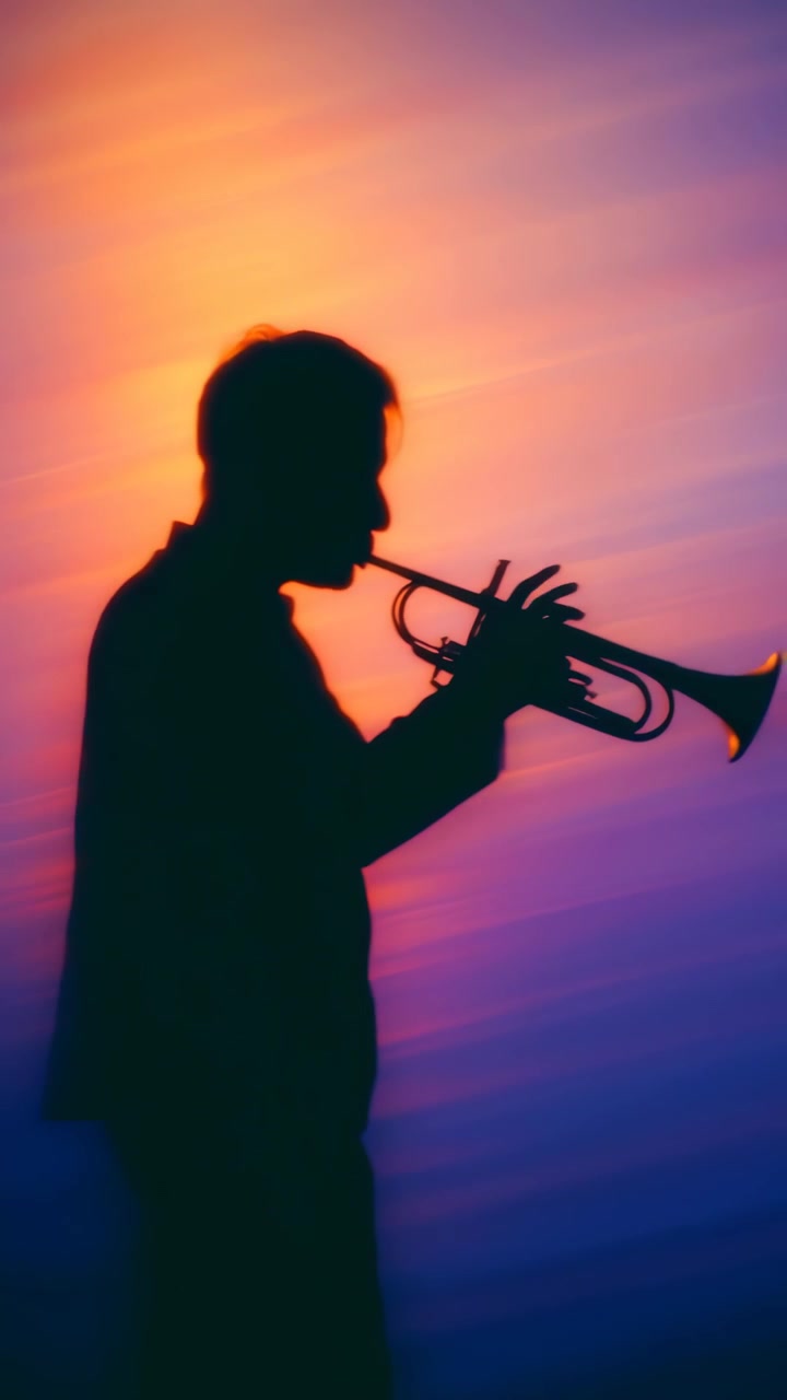 Silhouette di un Musicista che Suona la Tromba su uno Sfondo di Tramonto Vibrante