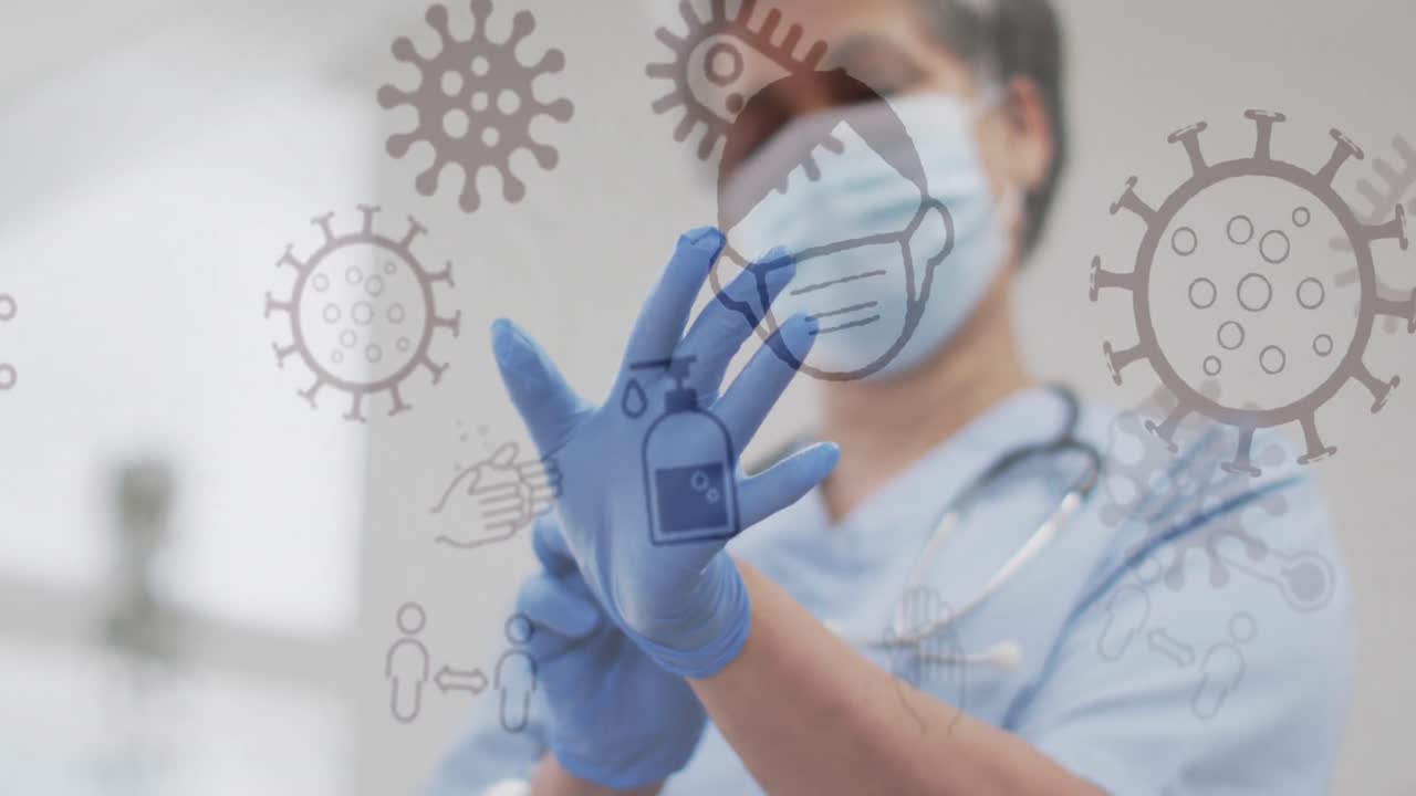 animación de iconos de covid 19 sobre una doctora que se pone guantes y usa una máscara facial