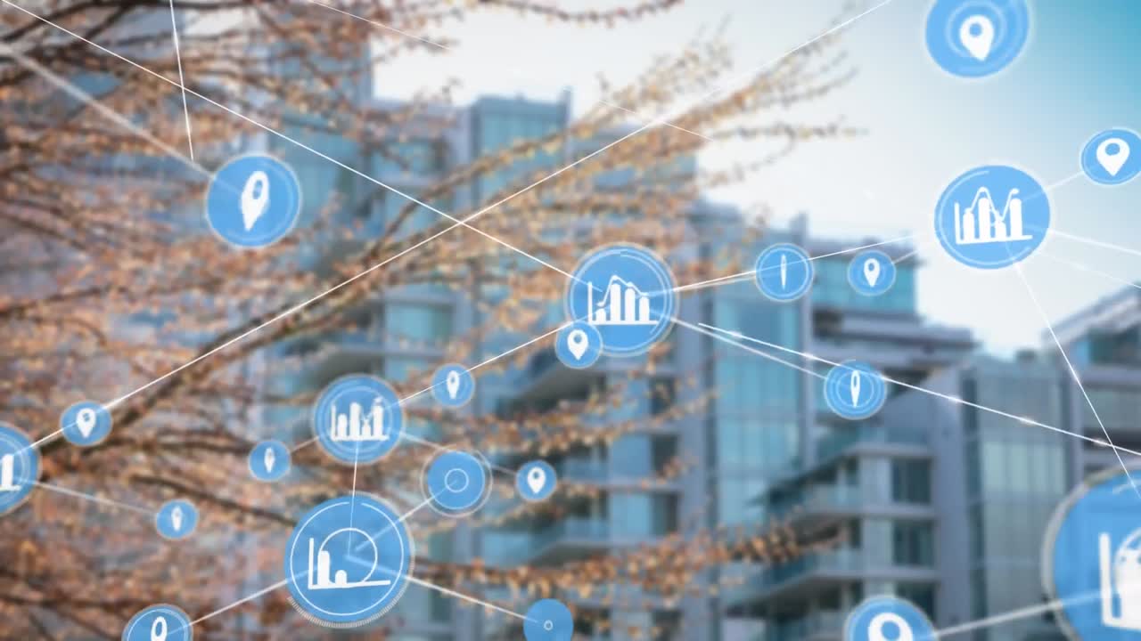 도시 풍경 위의 아이콘으로 연결된 네트워크의 애니메이션