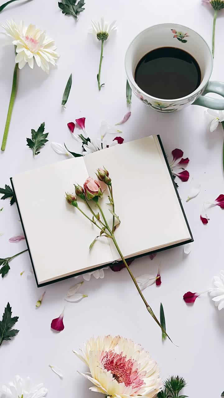 Floral Arrangement with Coffee and Notebook