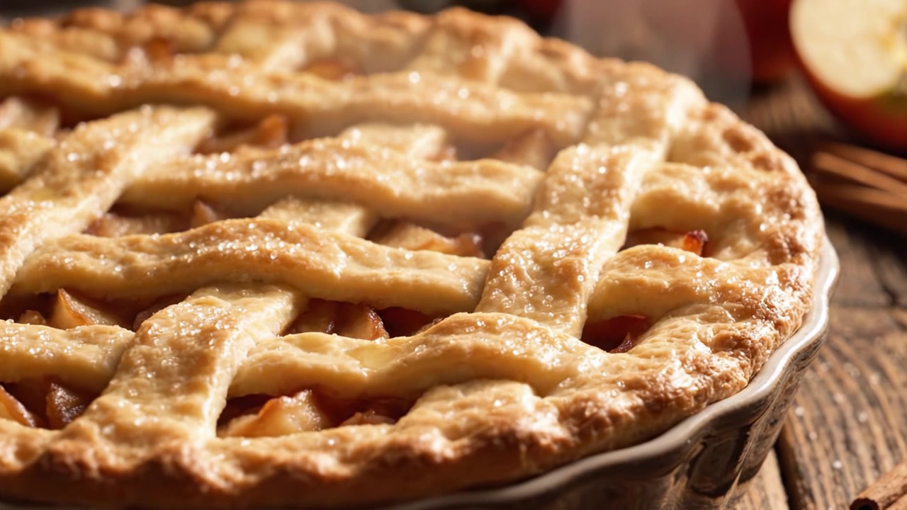 Freshly Baked Apple Pie with Golden Brown Lattice Crust, Evoking Warmth and Comfort with its Delicious Aroma and Perfect Flaky Texture on Rustic Wooden Table