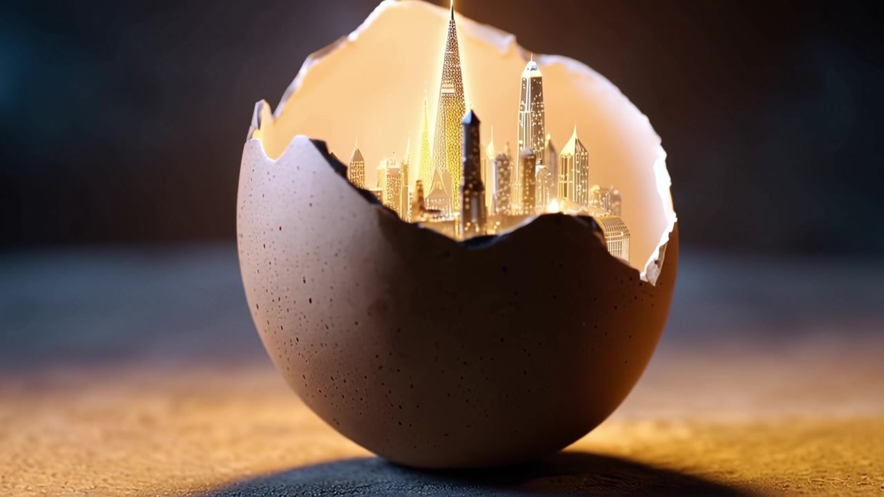 Illuminated Cityscape Inside a Cracked Eggshell