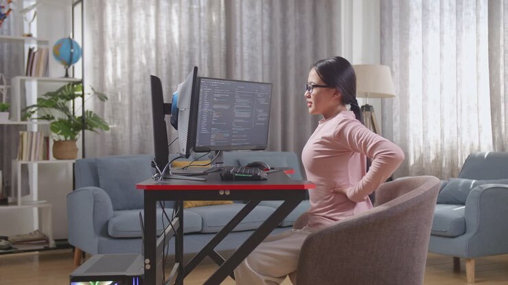 Woman experiencing back pain while coding at home