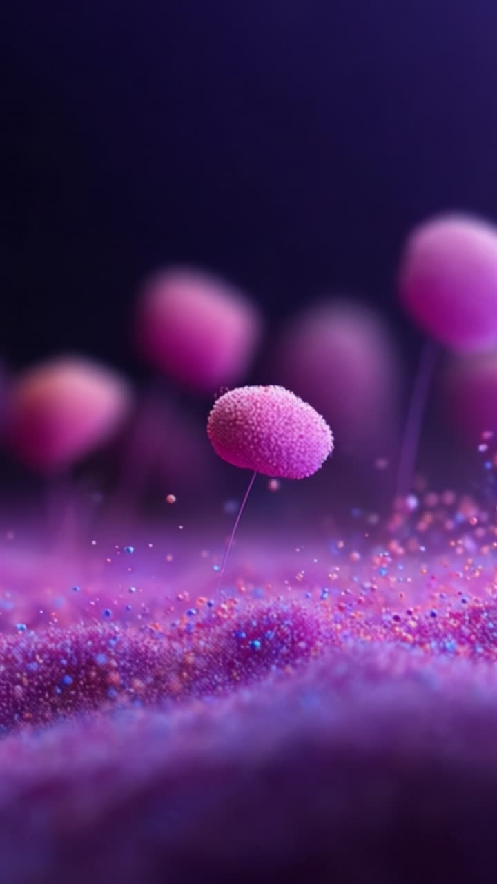 Un'immagine ipnotizzante di sfere rosa sospese in un paesaggio vibrante e astratto, che evidenzia variazioni di texture e colore su uno sfondo scintillante di bagliori
