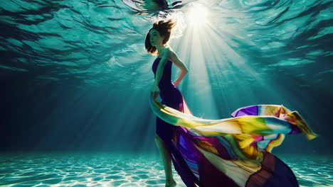 woman in a flowing dress underwater with sunbeams