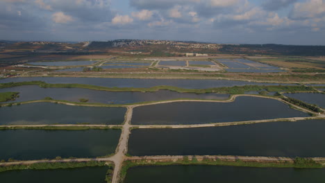 Big-Fish-ponds-of-Maayan-tzvi-fishing-park-near-Maagan-Michael-Israel,-The-park-is-a-nature-site-for-families-pastime,-a-Sustainable-agriculture-Fish-farm-on-a-Mediterranean-coastline---tracking-shot