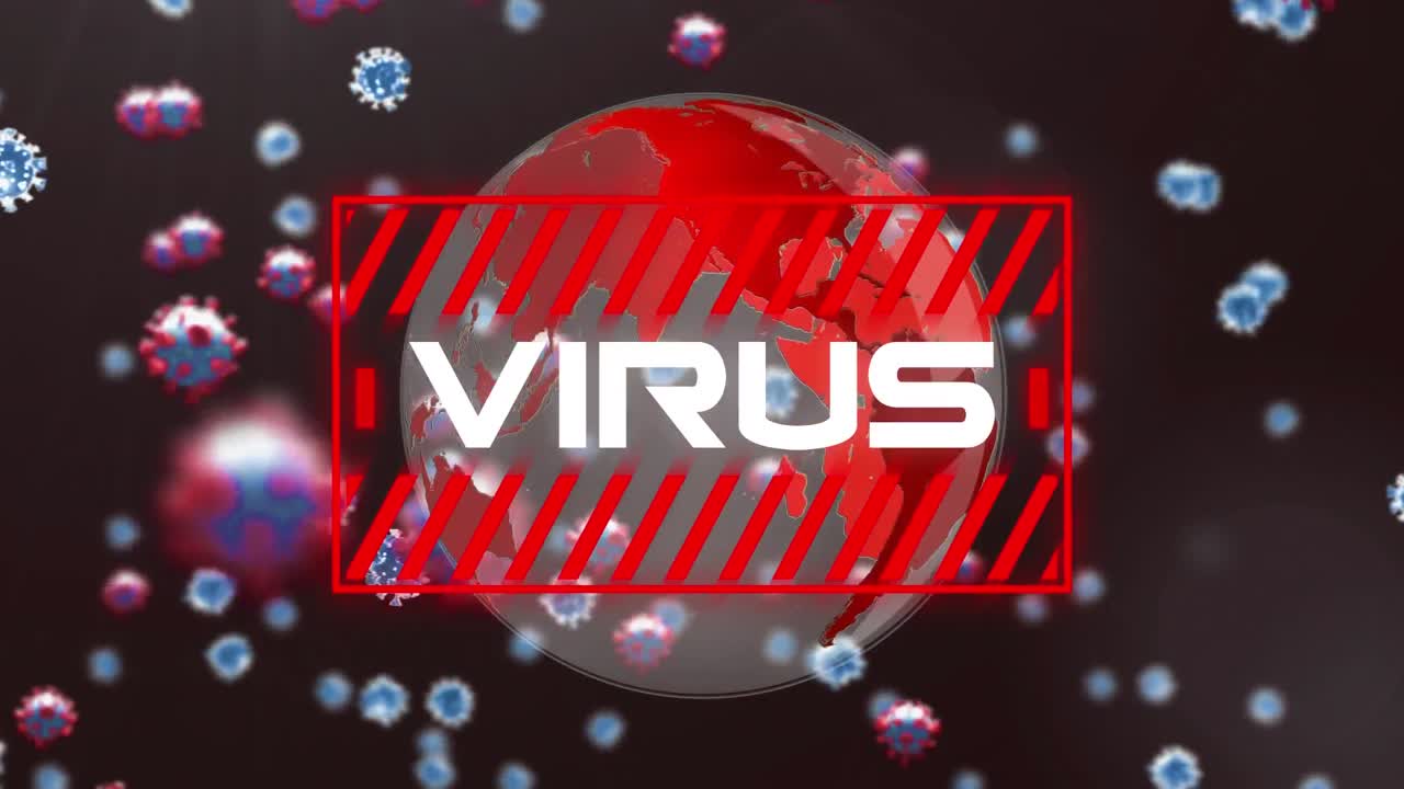 animación del texto del virus con células 3d covid 19 flotando sobre el globo sobre fondo negro