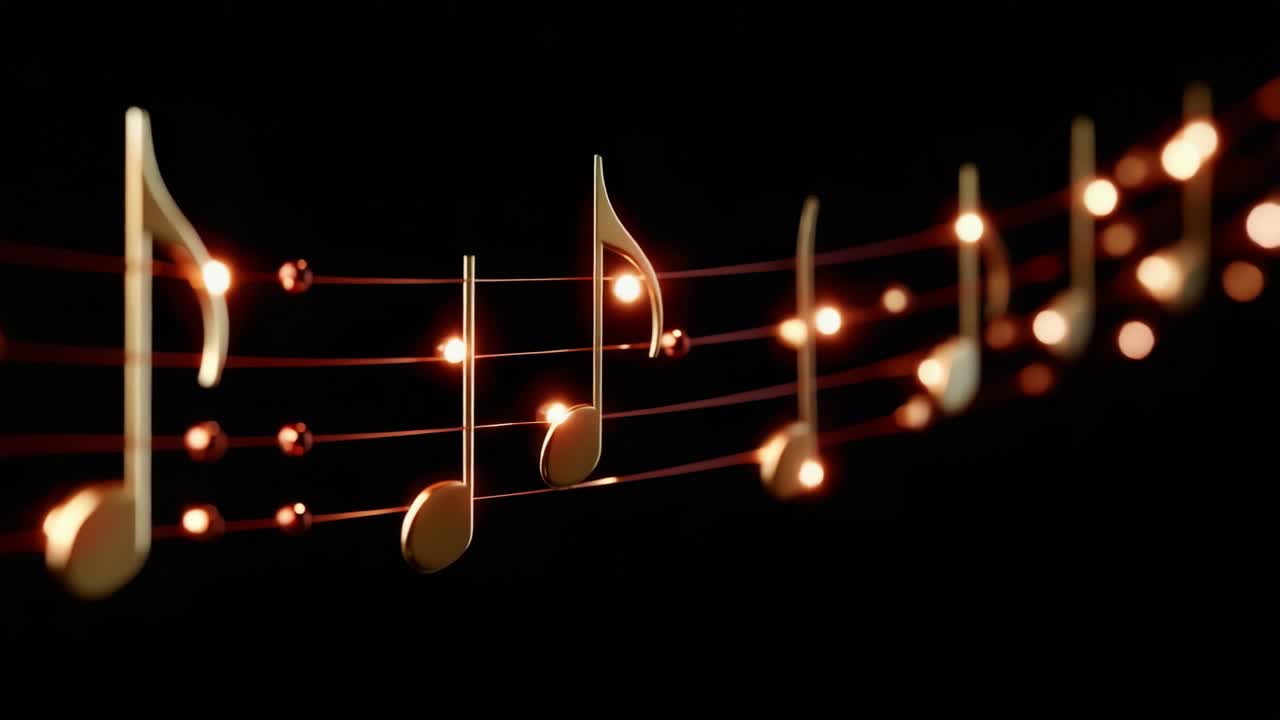 A Captivating Journey Through Musical Notes: A Close-Up View of Gleaming Music Symbols and Luminous Lights on a String of Melodies, Creating a Harmonious Symphony of Sound and Light in Perfect Unity