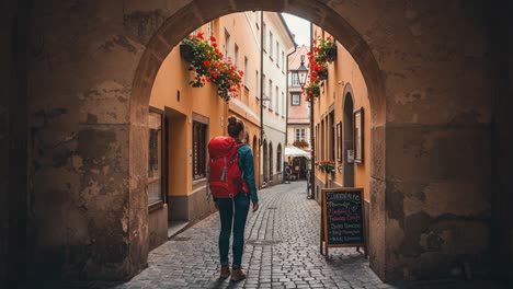 exploring a quaint european village: a solo traveler with a backpack strolling through a charming street surrounded by colorful blossoms and historic architecture