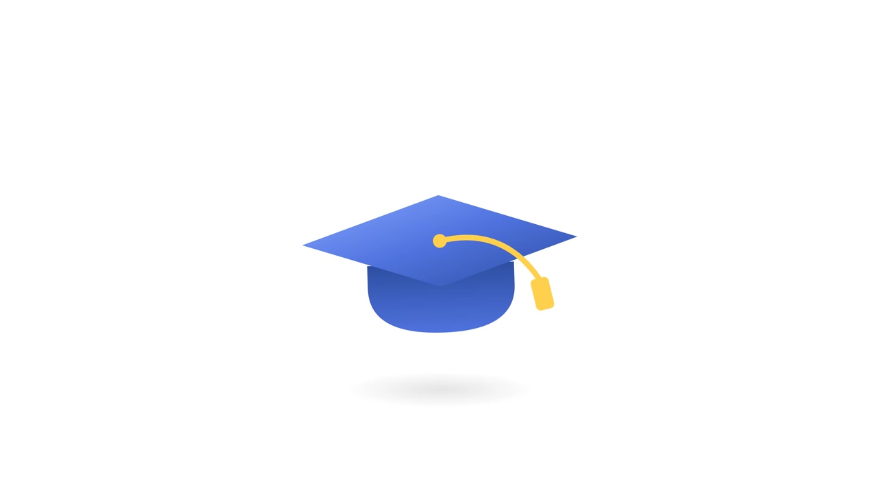 Tocco di laurea blu animato che fluttua su sfondo bianco