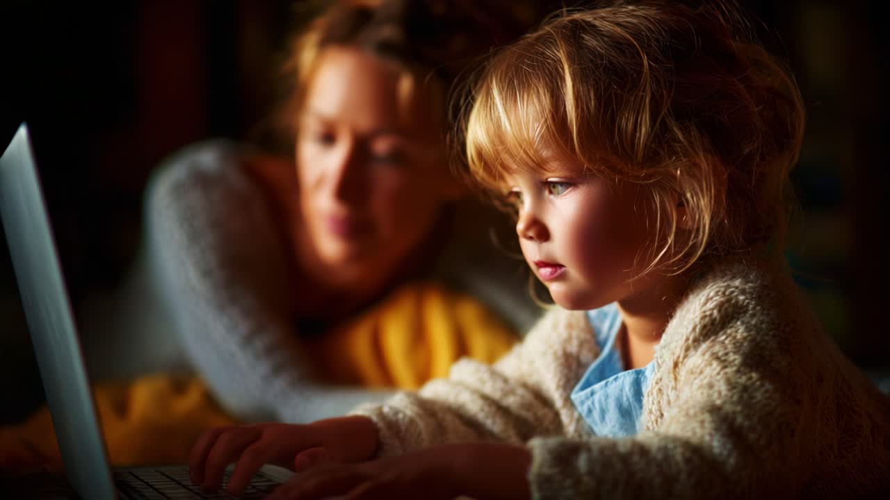 Engaging Moment of a Child Learning on a Laptop While a Caregiver Watches, Capturing the Bond and Curiosity in a Softly Lit Environment