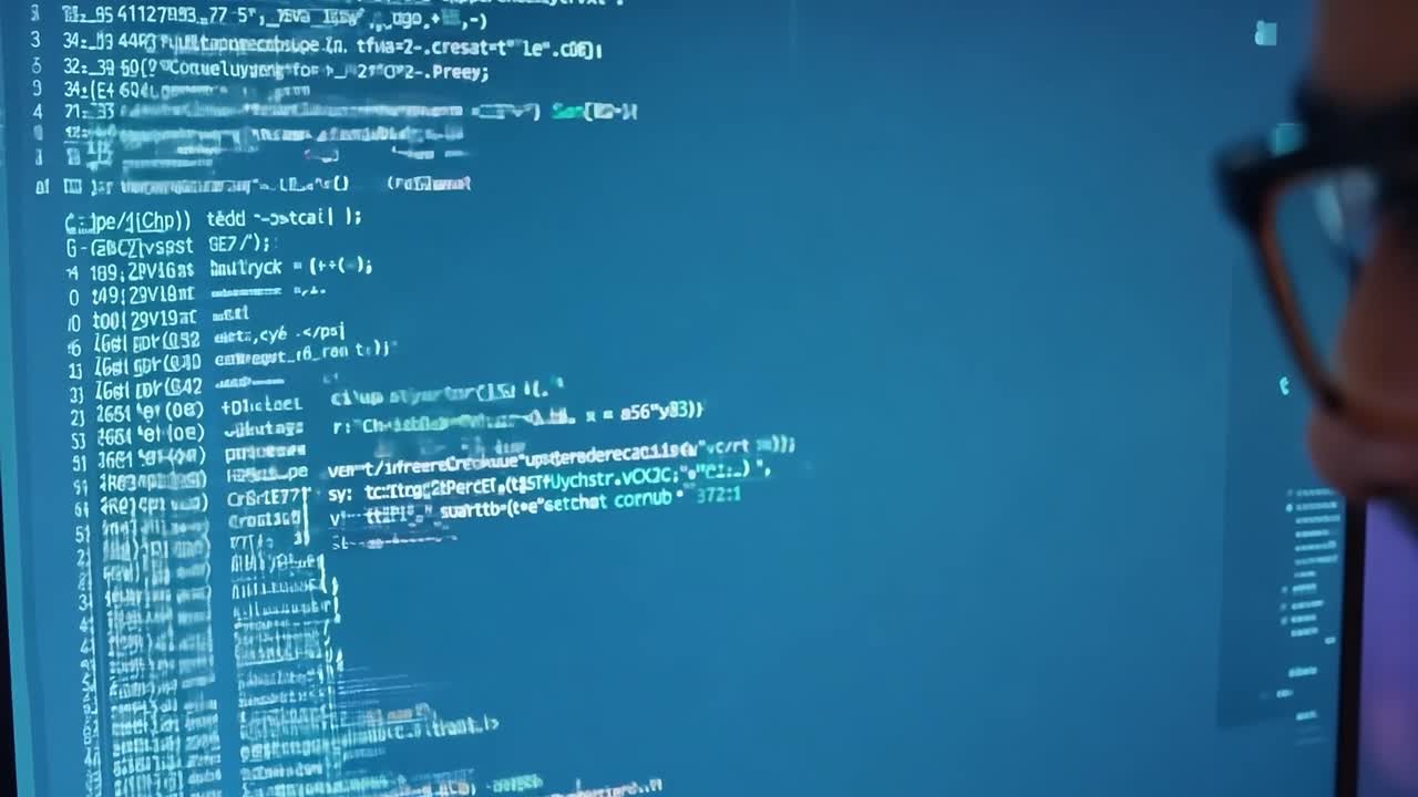 A man in glasses is looking at a computer screen with code.