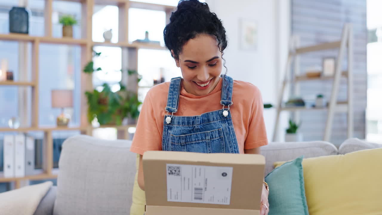 Wow, phone or happy woman with ecommerce box