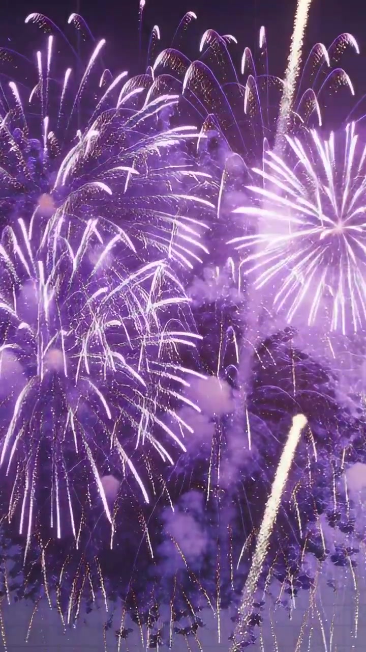 Video vertical: Lanzamiento de fuegos artificiales con estelas de cometa que llenan el cielo sobre un parque, con chispas moradas y doradas.