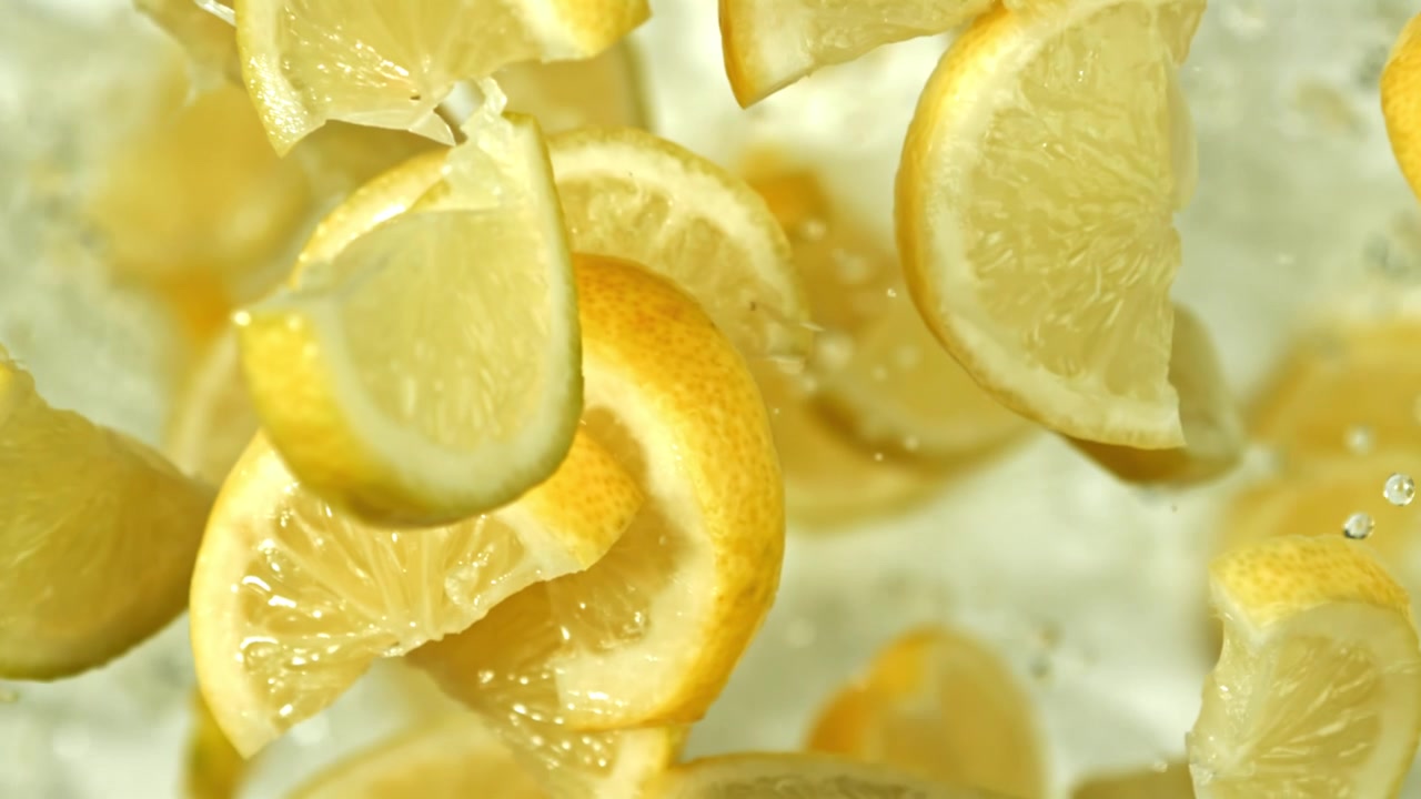 Fette di limone fresco che cadono e schizzano nell'acqua