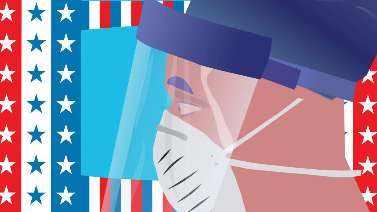 Animation of man with face mask colourful stripes on white background