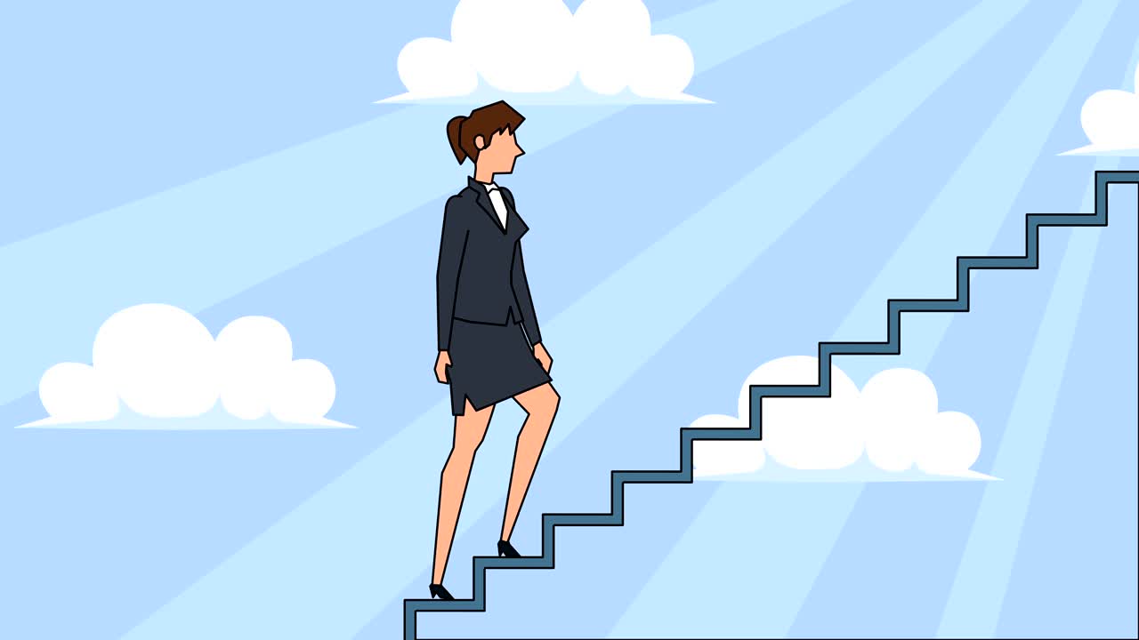 el personaje de la mujer de negocios de dibujos animados sube las escaleras de la carrera. animación conceptual.