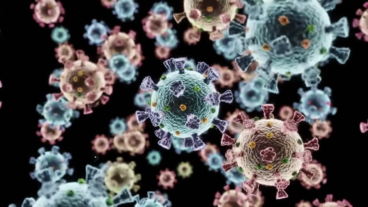 Intricate Close-Up Visualization of Virus Particles in Motion, showcasing their complex structures and interactions against a contrasting dark backdrop, emphasizing their biological significance