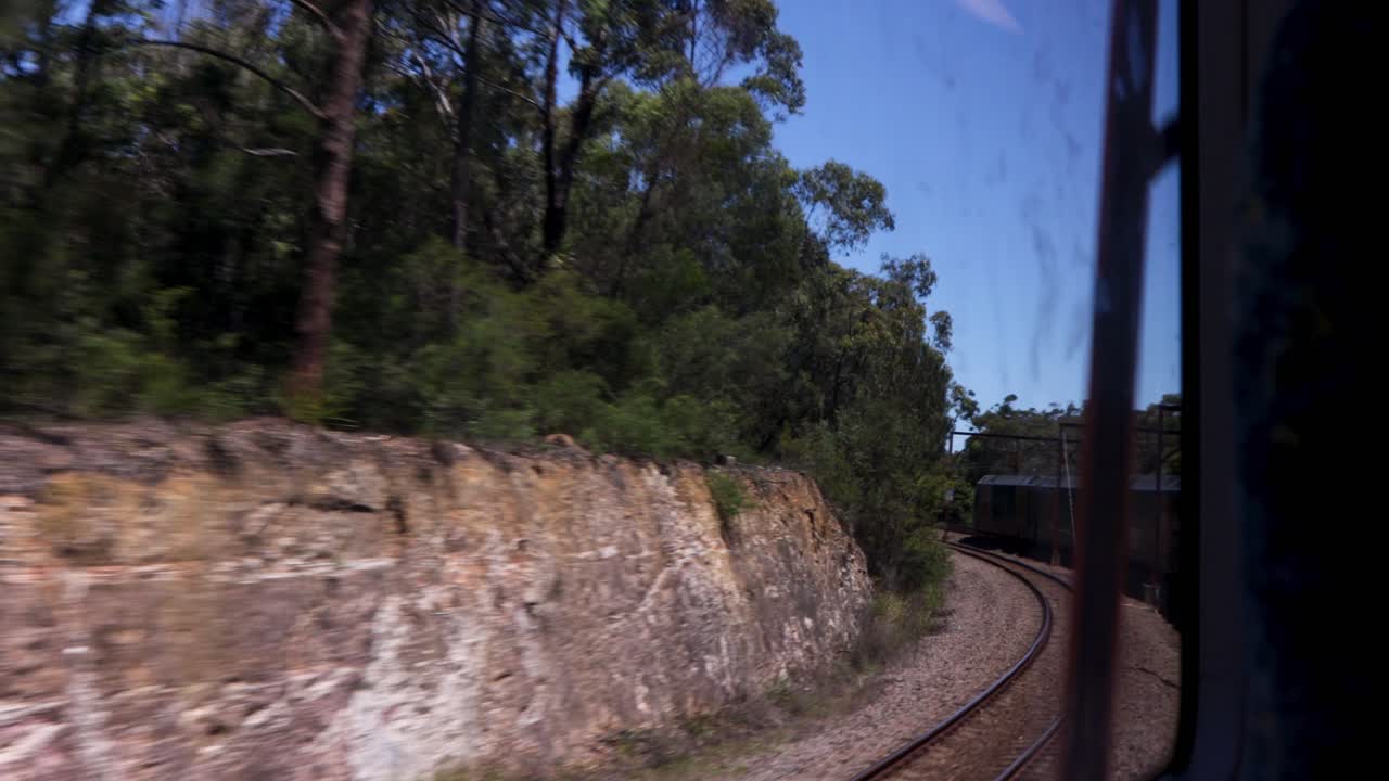 mirando por la ventana del tren sucio en el tren girando en el bosque rural