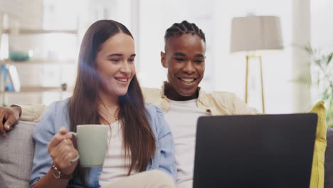 Laptop,-coffee-and-couple-talking-in-living-room