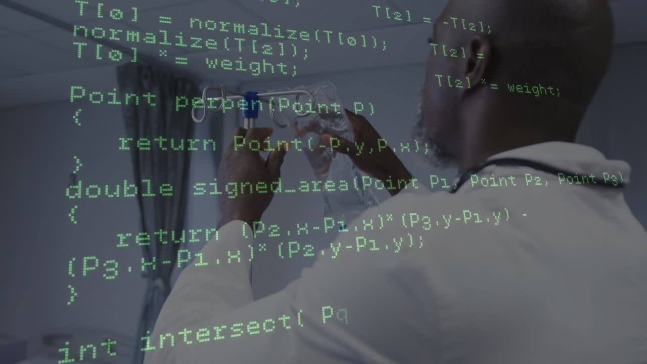 male doctor adjusting IV pole drip bag in medical clinic, overlaying green code stream