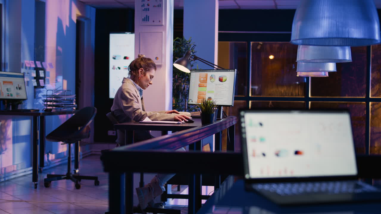 사무실에서 컴퓨터로 일하는 여자